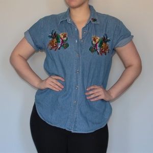 Funky Embroidered Short Sleeve Denim Shirt